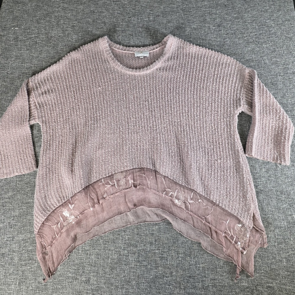 Belle France Mauve Mohair Silk Trim Sweater XL Italy Long Sleeve Embroidered Top